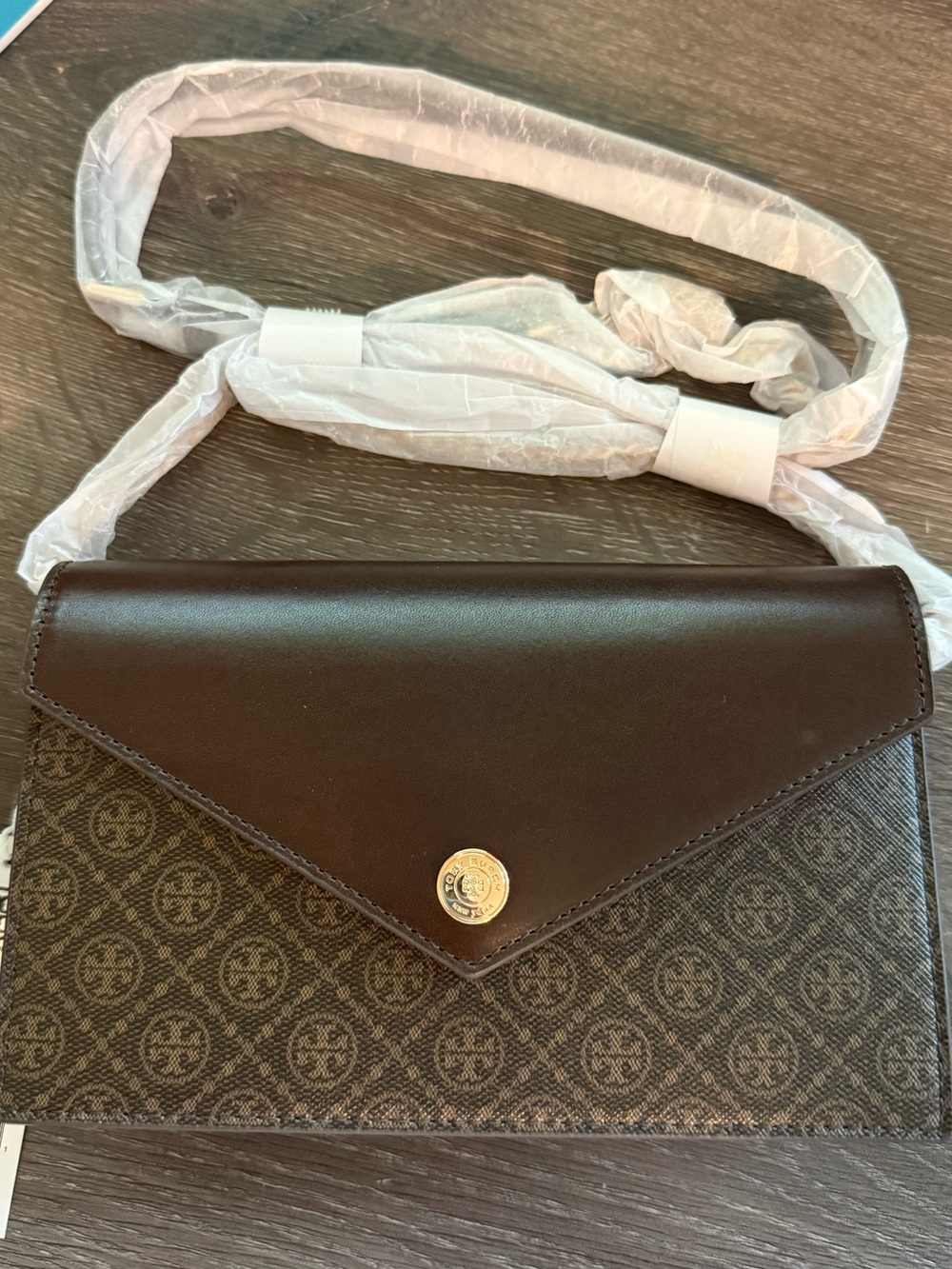 Tory Burch Dark Brown Monogram Envelope Wristlet